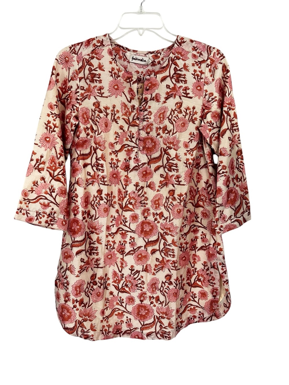 NWT Fabrindia Tunic Top Cotton Silk Tan Pink Floral Print Women’s Size XS